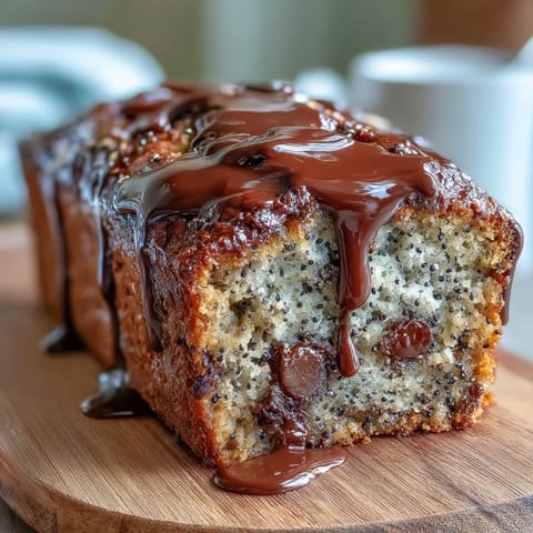 Close-up of golden-brown black sesame chocolate chip banana bread slice.