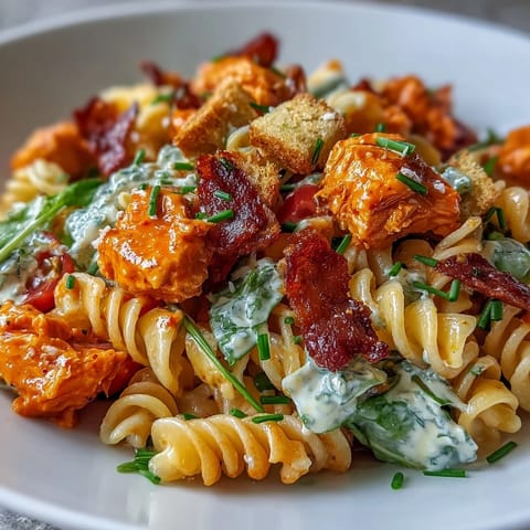 Spicy buffalo chicken Caesar pasta salad, a vibrant mix of flavors and textures.