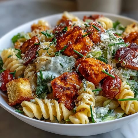 Creamy Caesar pasta salad topped with zesty buffalo chicken and crunchy croutons.