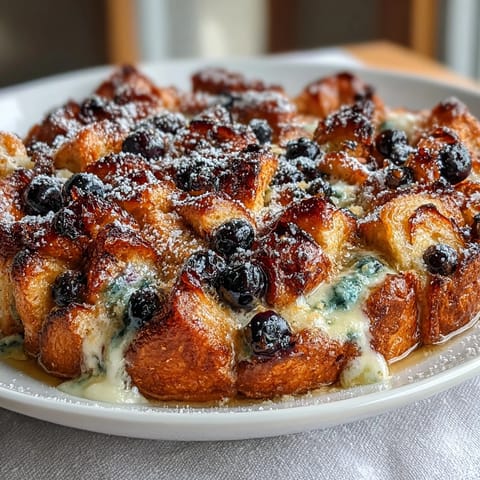 Tangy Lemon Blueberry Croissant French Toast Bake casserole, perfect for weekend brunch.
