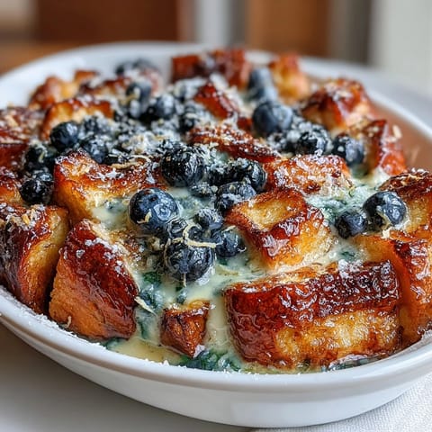 Lemon Blueberry Croissant French Toast Bake: golden, bubbly casserole bursting with fruit.