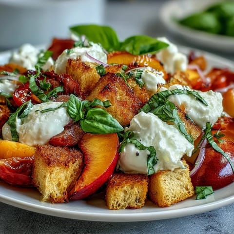 Creamy burrata meets juicy peaches and crisp bread in this vibrant Peach Burrata Panzanella.