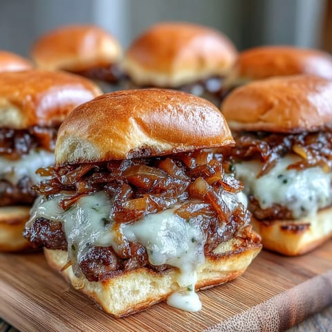 Golden French onion smash burger sliders piled high with melted cheese.