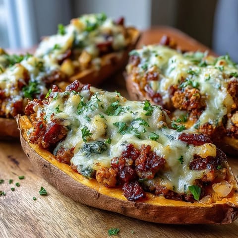 Savory Apple Sausage Stuffed Sweet Potatoes, a hearty and delicious gluten-free main dish.