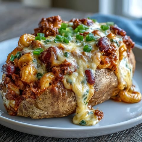 Chili Mac Stuffed Baked Potatoes loaded with creamy, cheesy comfort.