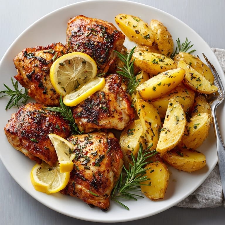 A flavorful Sheet Pan Lemon Herb Chicken &amp; Potatoes meal, fresh herbs adding vibrant color.