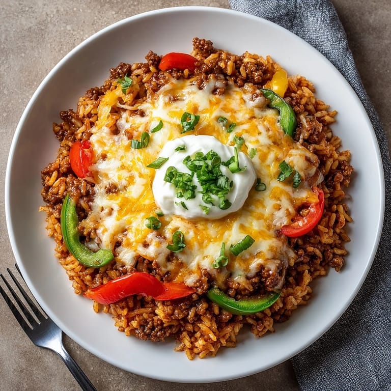 Golden, cheesy topping over a flavorful Cheesy Tomato Rice &amp; Beef Skillet recipe.