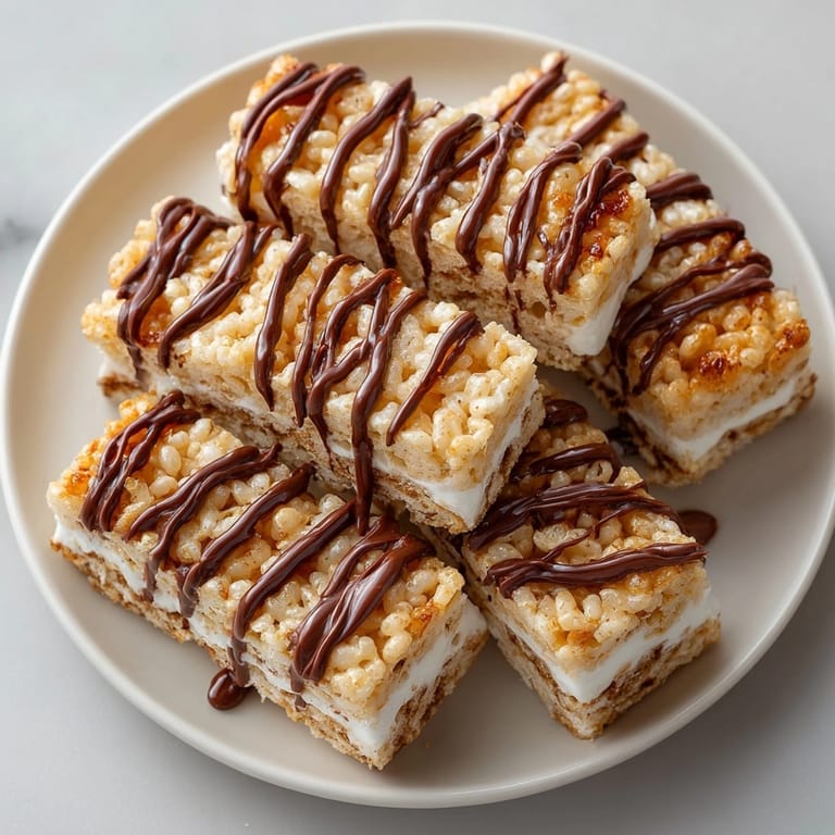 Imagine gooey marshmallow and crisp rice cereal in these Chocolate Drizzle Rice Krispie Bars.