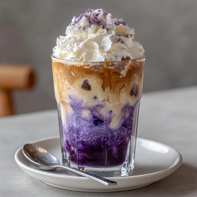 Visually stunning Iced Ube Latte featuring layered espresso, ube syrup and a creamy texture.