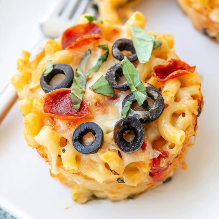 Handheld, savory Mac and Cheese Alfredo Pizza Muffins ready for a fun family dinner.
