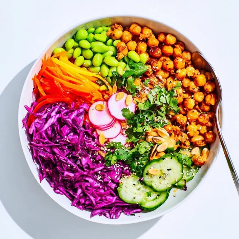 Deliciously layered ASMR Crunch Snack Bowl packed with edamame and roasted chickpeas.