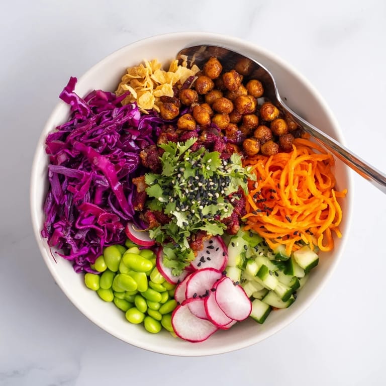 Vibrant ASMR Crunch Snack Bowls featuring crunchy textures and spicy mayo on the side.  