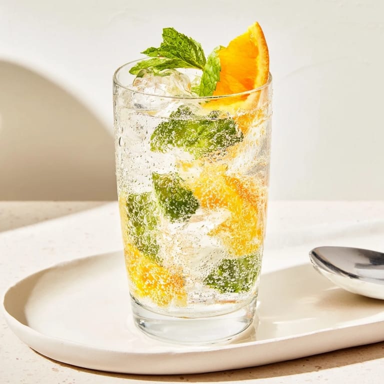 Vibrant probiotic soda mocktail served over ice, garnished with orange slices and mint.  