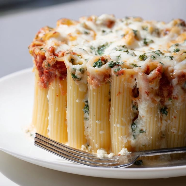 Beautifully baked honeycomb pasta cake topped with gooey mozzarella and fresh parsley garnishes.