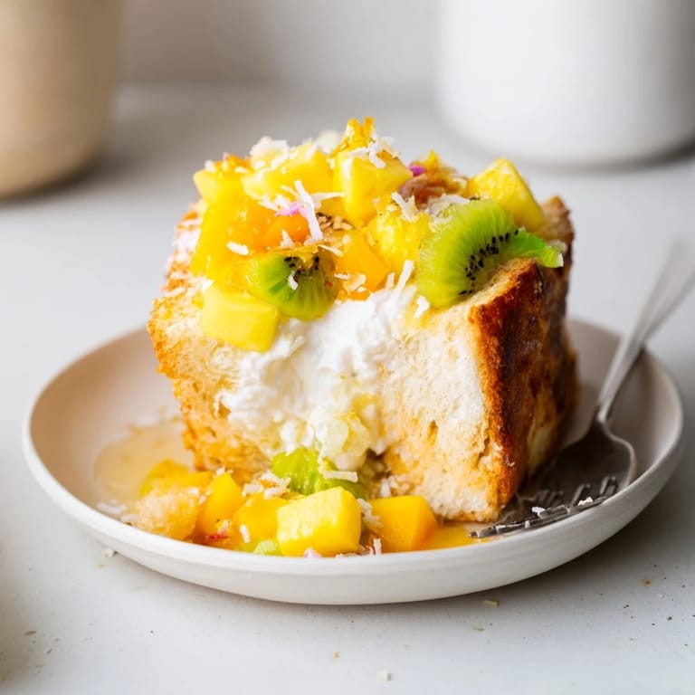 Indulgent yogurt-custard toast showcasing fresh kiwi, coconut, and blissful sweetness.
