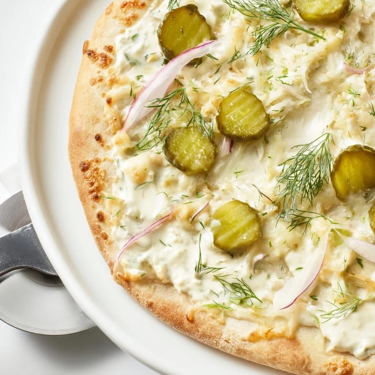 Unique Pickle Pizza garnished with crunchy pickles and fresh herbs, fresh out of the oven.