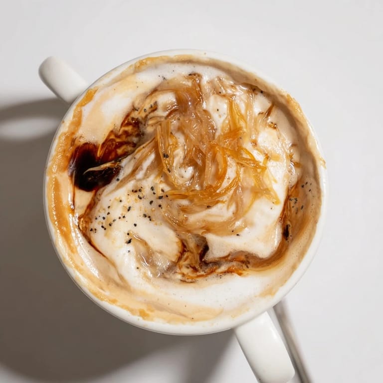 Savory onion latte served steaming, perfect for adventurous coffee lovers to enjoy.