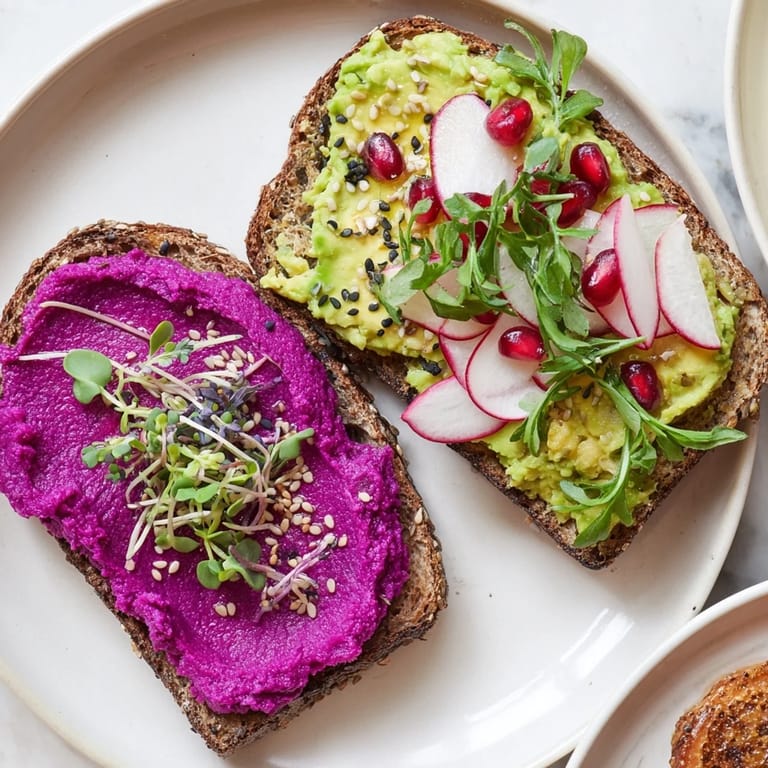 Lively Bright & Bold Breakfast Toasts adorned with radish slices and pomegranate seeds.