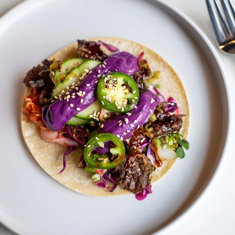 Tender beef sirloin tacos garnished with kimchi, cilantro, and crispy onions.  