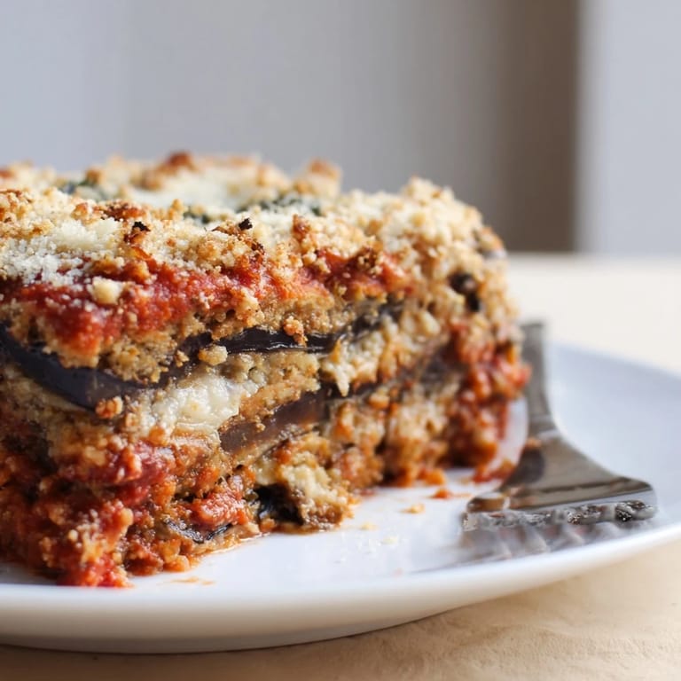 Deliciously baked Eggplant Parmesan Lasagna, featuring rich marinara and creamy ricotta layers.  