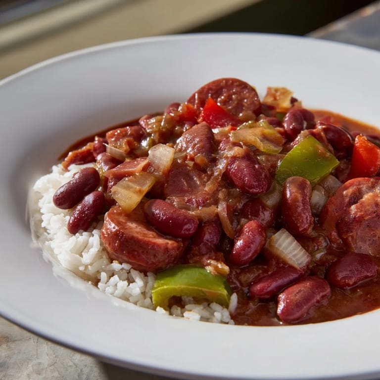 A close-up of hearty Red Beans & Rice, a flavorful Southern meal, garnished with fresh green onions.