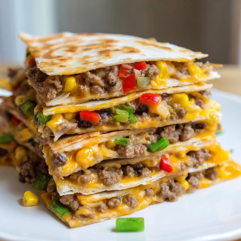 A close-up of crispy Sheet Pan Quesadillas with beef, oozing with cheese and colorful veggies.