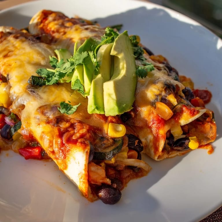 A close-up shot of steaming Farmers Market Vegetarian Enchiladas, overflowing with colorful filling and toppings.