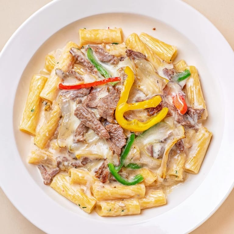 Steaming bowl of Philly Cheese Steak Pasta, inviting with melted cheese and fresh parsley.