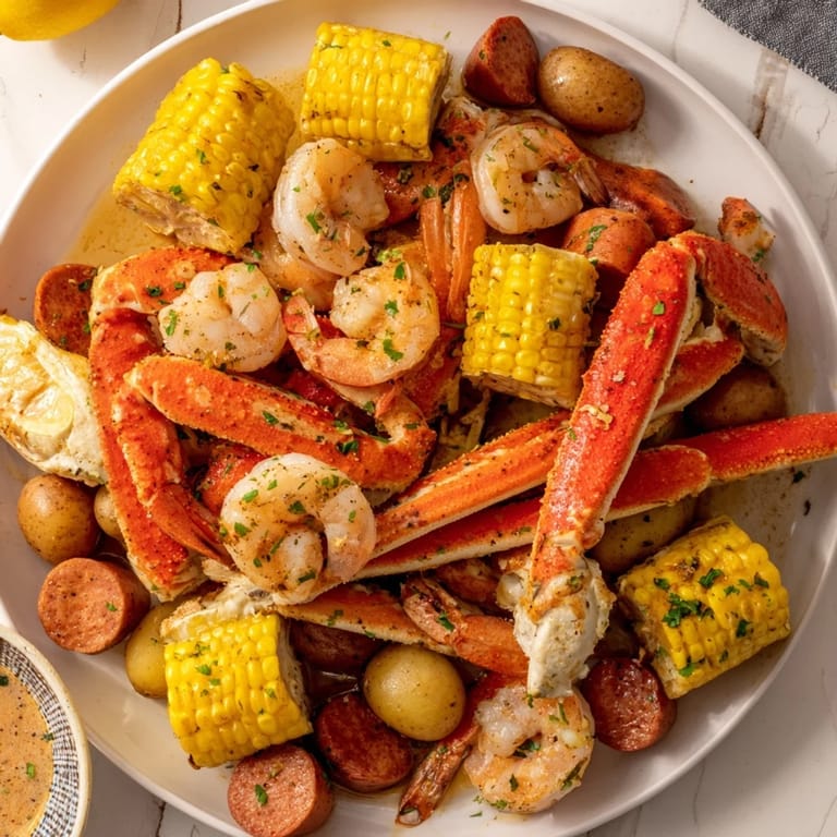 Vibrant image of a Southern Seafood Boil, featuring crab, shrimp, sausage, and corn, beautifully arranged.