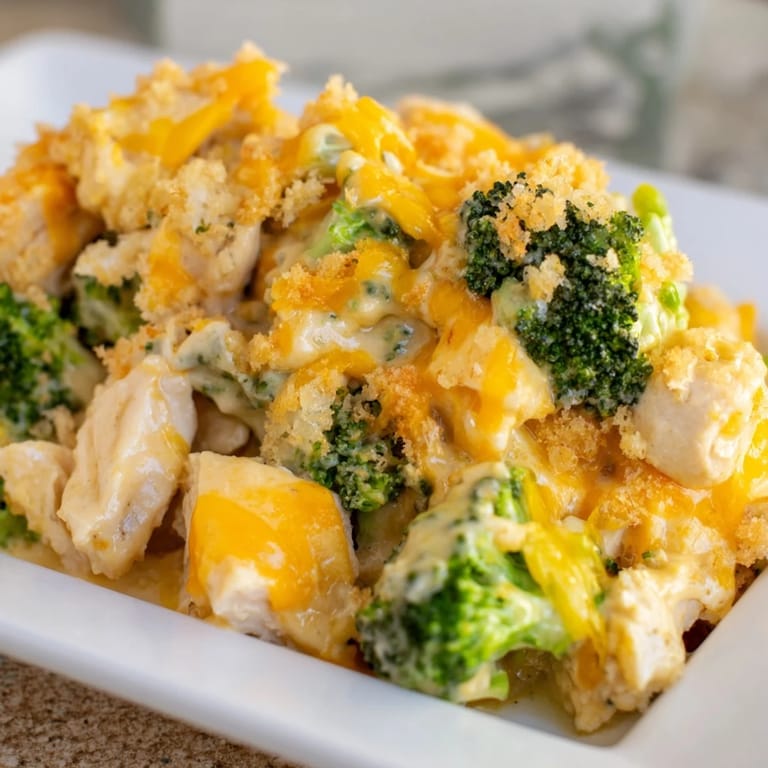 This baked Chicken & Broccoli Cheddar Bake shows off melty cheese over chicken and broccoli.
