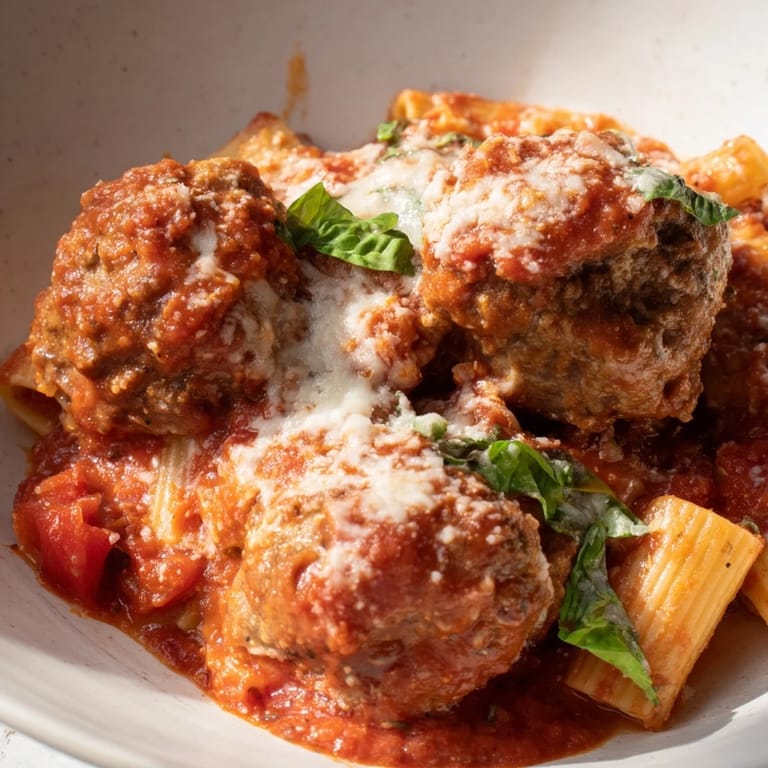A close-up of a steaming Italian Meatball Pasta Skillet, topped with bubbly, melted mozzarella cheese.