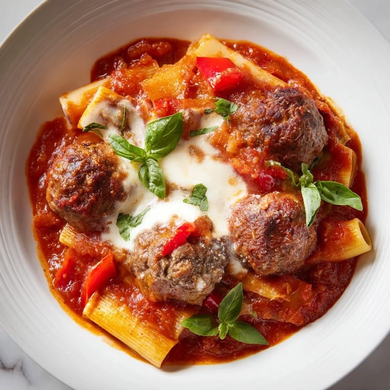Enjoy a comforting bowl of Italian Meatball Pasta Skillet, a one-pan meal perfect for dinner tonight.