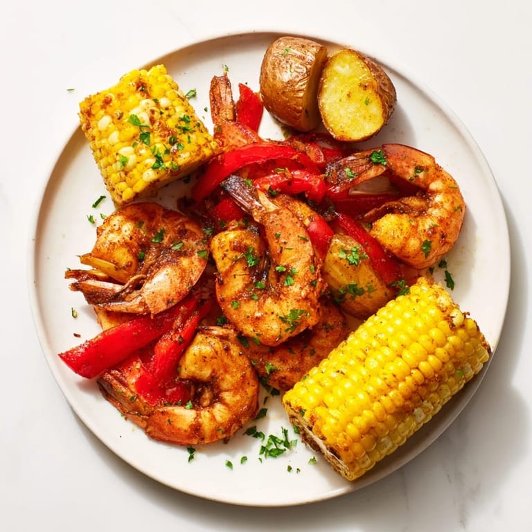 Vibrant photo of a Cajun Shrimp & Sweet Corn Platter, showcasing smoky shrimp with sweet corn on the cob.