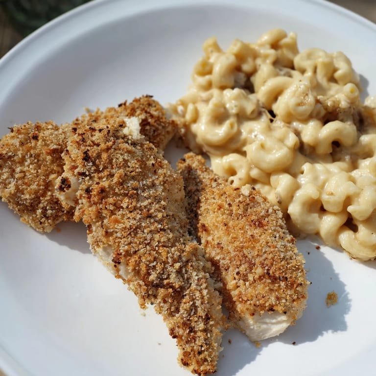 This photo features freshly fried crispy chicken tenders with a side of homemade macaroni and cheese, perfect comfort food.