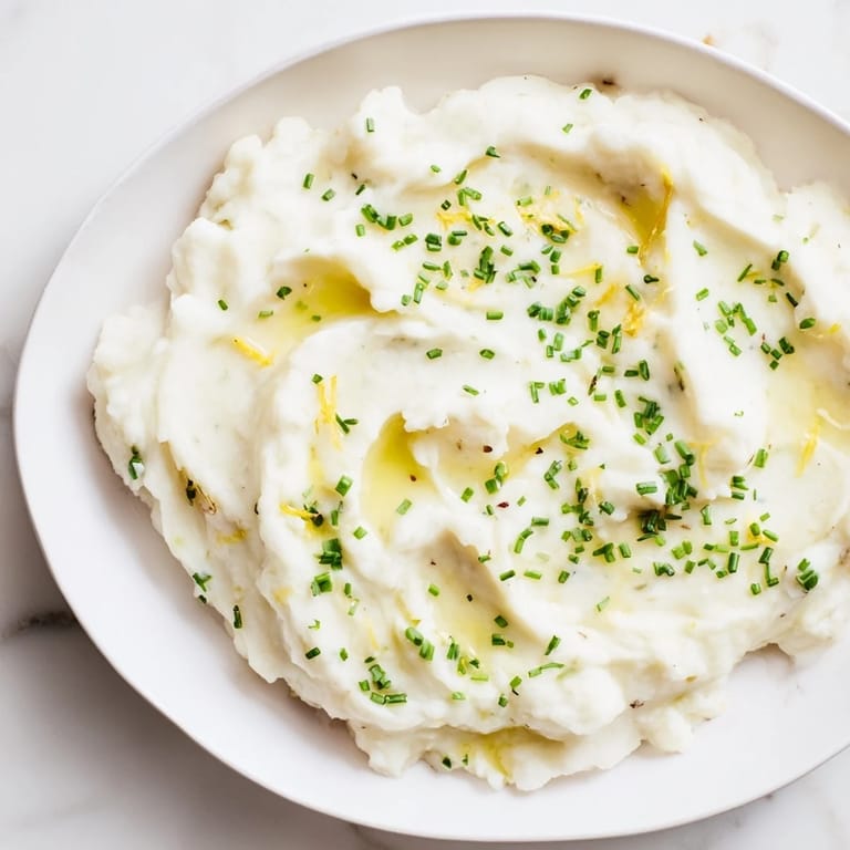 Fluffy cauliflower mash features bright lemon-herb flavors and roasted garlic for a satisfying meal.