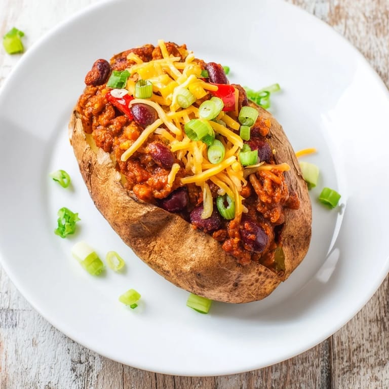 A close-up of a fully loaded Chili-Style Baked Potato, showcasing the rich chili topping over fluffy potato.