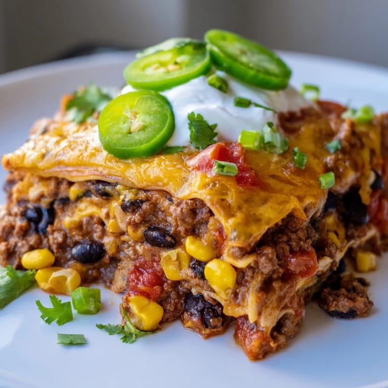 Melting cheese bubbly on Taco Lasagna, a comfort food fusion of Tex-Mex flavors.