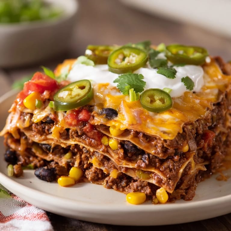 Golden brown Taco Lasagna straight from the oven, offering a delicious family-friendly meal.