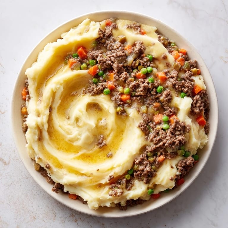 A hearty Budget Shepherds Pie image showcasing a creamy mashed potato top over savory ground beef and vegetables.