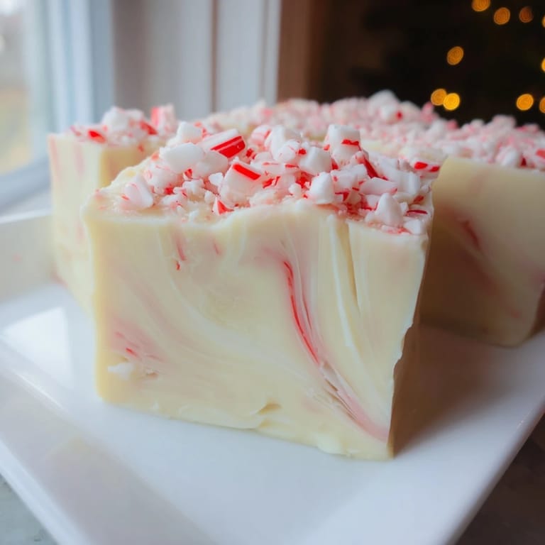 A close-up shot of creamy White Chocolate Peppermint Bark Fudge showcasing the vibrant peppermint.