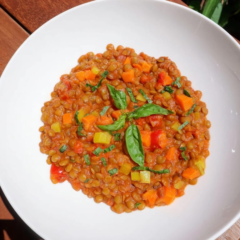 A close-up of Creamy Tomato Basil Lentil Bolognese, showcasing the hearty lentils and vibrant tomato sauce.