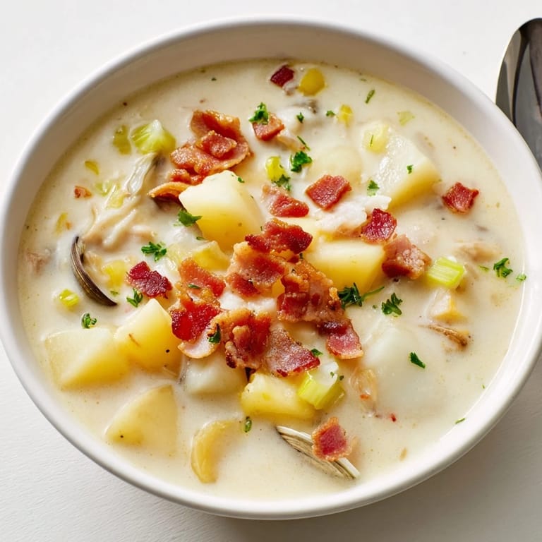 A hearty serving of New England Clam Chowder, showcasing tender clams and golden potatoes.