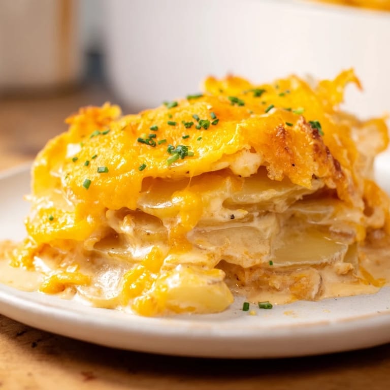 Arranged layers of cheesy scalloped potatoes, with a rich, melted cheddar topping, fresh from the oven.