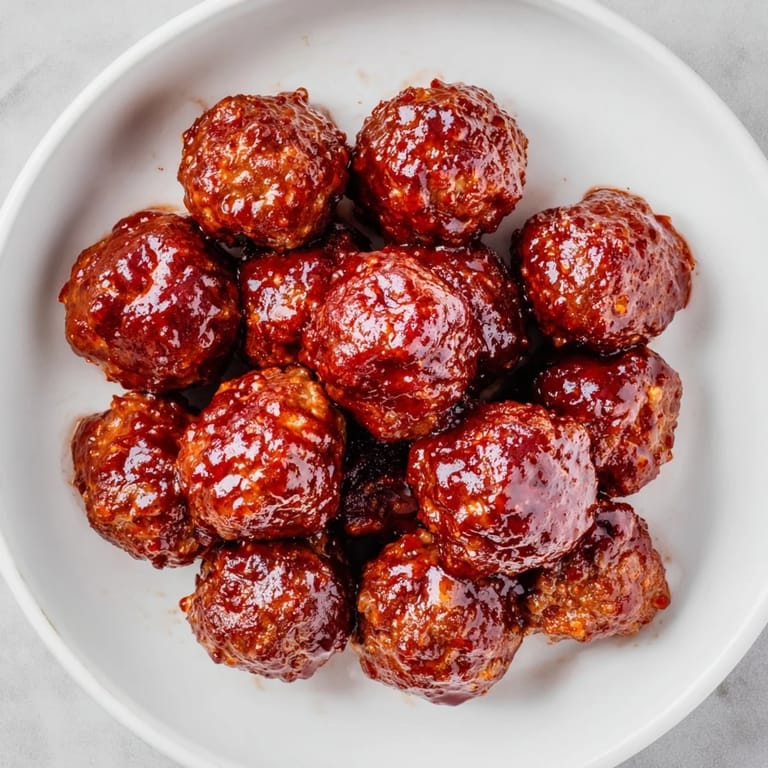 Appetizing shot: Baked cherry-glazed meatballs ready to serve, with a sweet and tangy flavor.