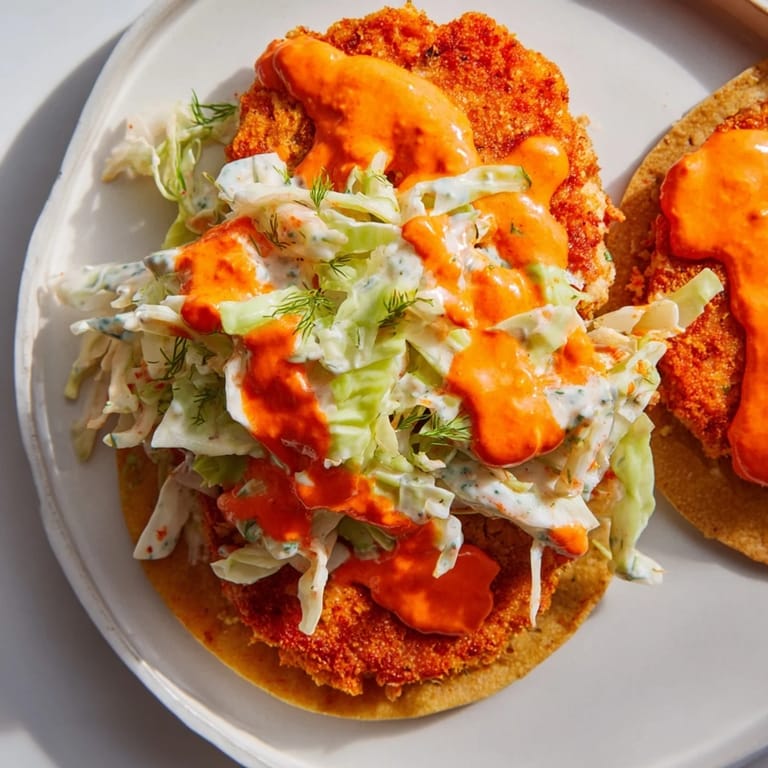 Plated Buffalo Chicken Smash Burger Tacos, showing their smashed burger and creamy slaw topping.