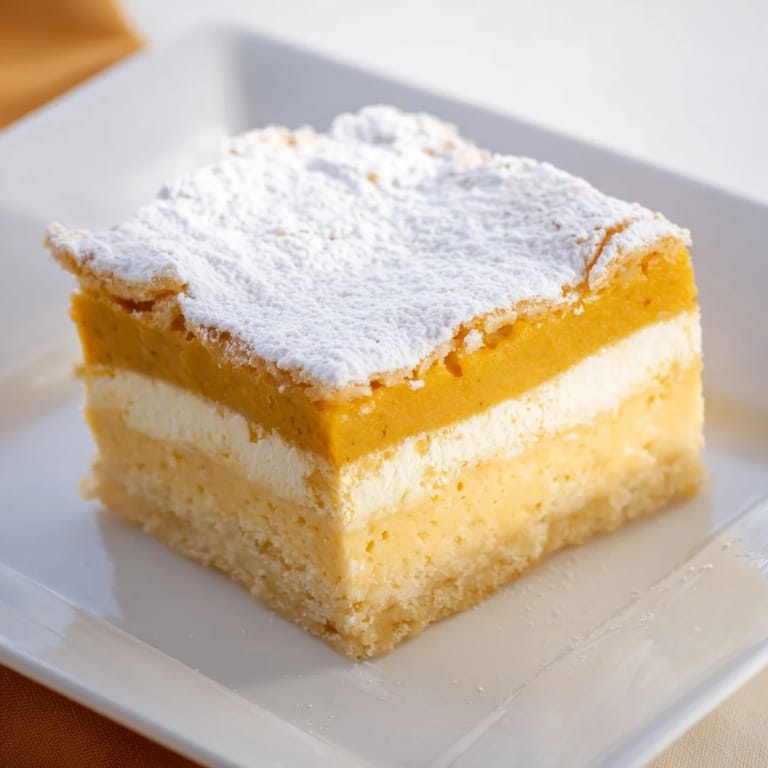 Golden brown Simplified Pumpkin Magic Cake, with its creamy custard layer, ready to be enjoyed.