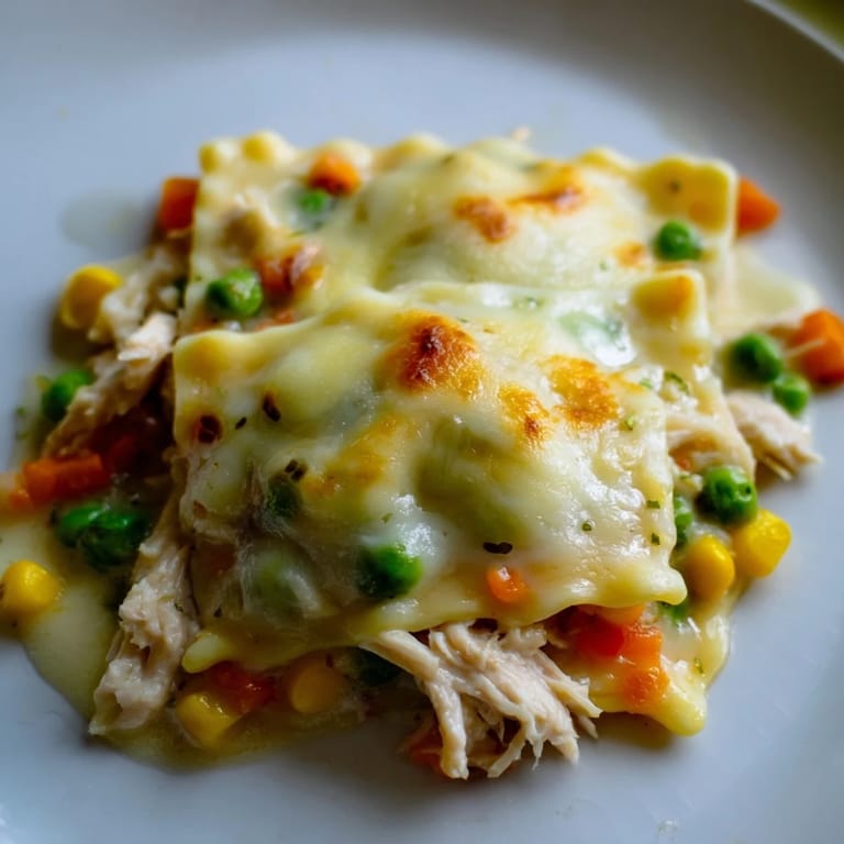 A creamy, savory Chicken Pot Pie Ravioli Bake with tender chicken, vegetables, and golden cheese.