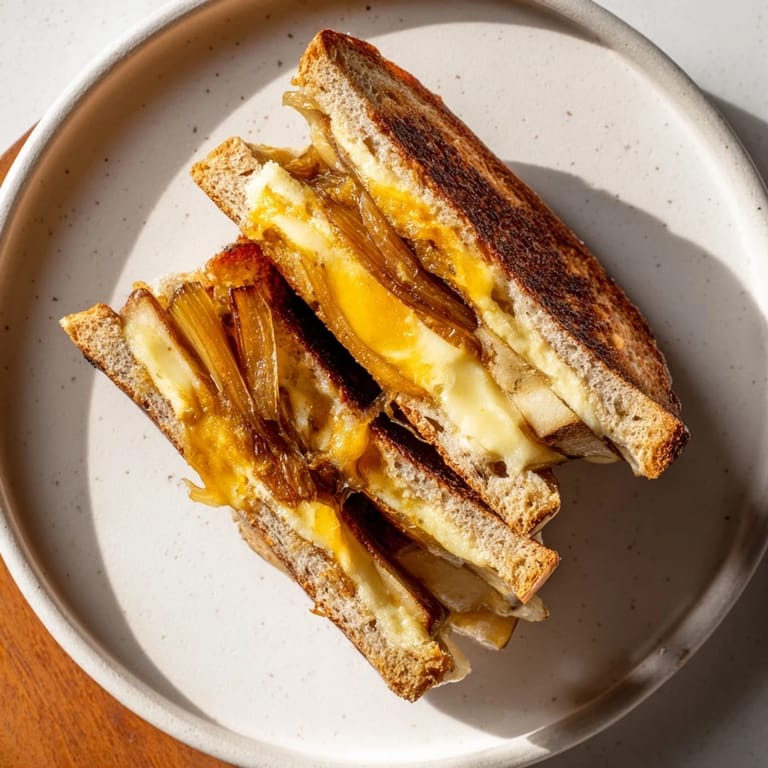 Melted cheddar cheese oozing from a warm Caramelized Onion, Apple & Cheddar Grilled Cheese sandwich.