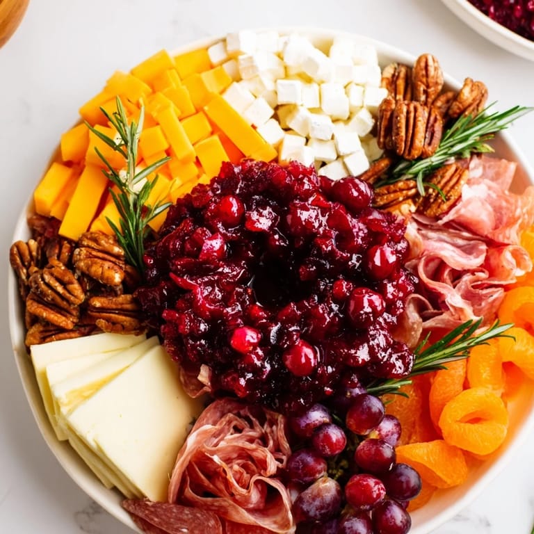 Festive cranberry wreath, a holiday appetizer with red cranberries, grapes, and sharp cheddar cheese.