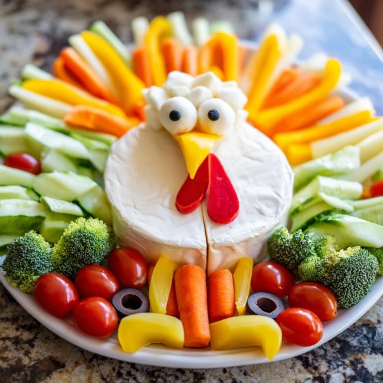 Colorful turkey-shaped appetizer featuring cheese body, veggie "feathers," fantastic for parties.
